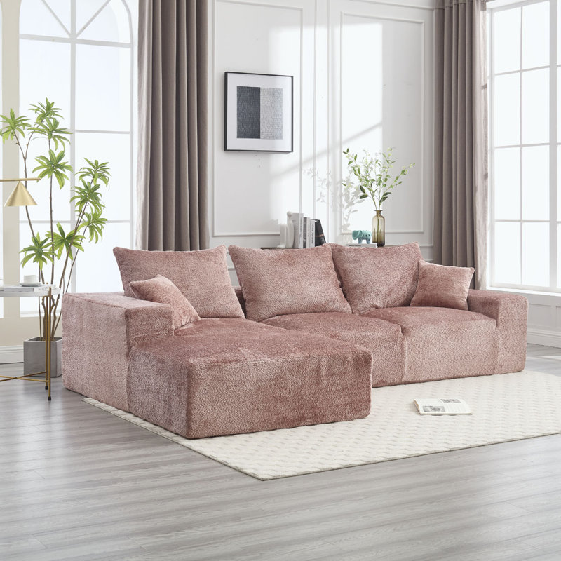 Boucle Sectional Sofa with pillows,No Assembly Needed, Pink Boucle