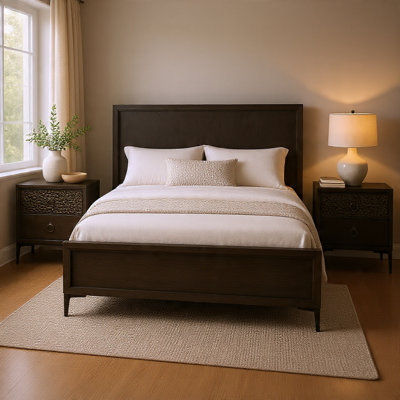 Queen Bedroom Set, Espresso Brown, Silver, Black Wood, 3 Piece Set with 2 Nightstands