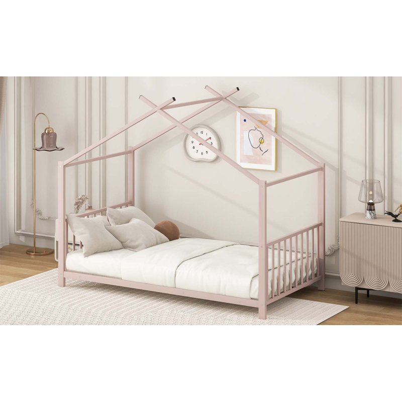 Twin Size Metal House Platform Bed, Pink