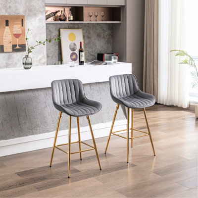 Tabourets de bar de 26 pouces (66 cm), en velours gris avec repose-pieds, pieds dorés, rembourrage en mousse, style chic.