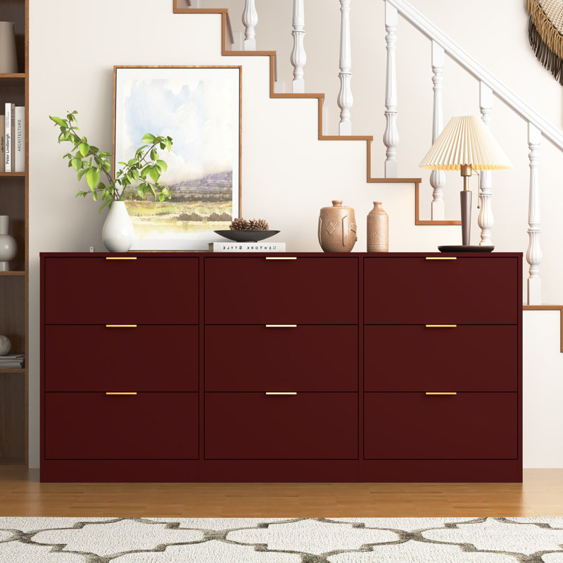 Commode 9 tiroirs, commode large en bois, Rouge
