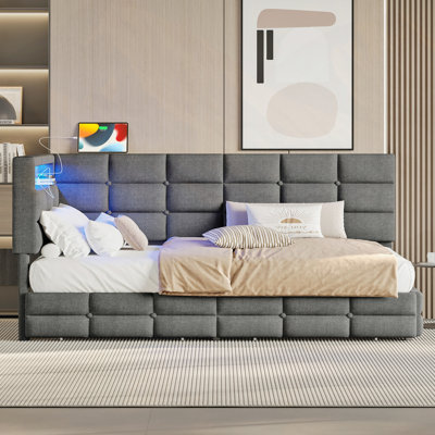Upholstered Twin Size Daybed with Storage, Charging Station, LED Lights, and Tufted Headboard, No Box-Spring Needed, Gray