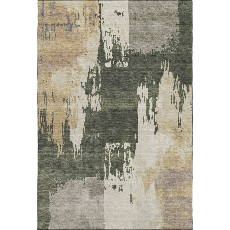 Premium Machine Washable Mayfield AMF2347 Abstract Rug, 3' x 5', Olive