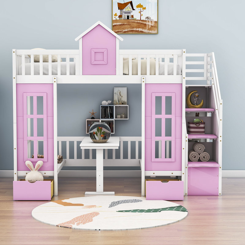 Convertible Bunk Bed With Changeable Desk And 2 Drawers, Pink/White, Twin Over Twin