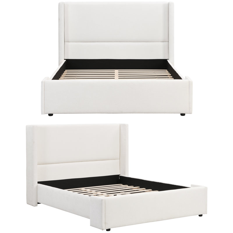 Élégant lit plateforme tapissier en tissu blanc avec tête de lit haute à oreilles, structure de lit tapissier en polyester moderne sans sommier, support robuste
