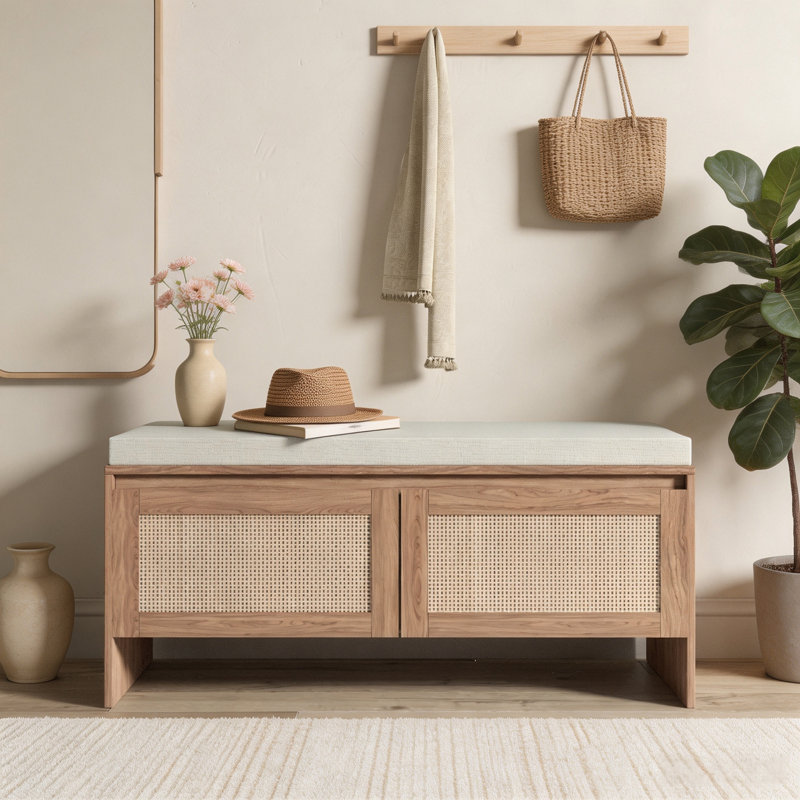 Banc de rangement en rotin synthétique avec coussin, meuble à chaussures moderne de style milieu du siècle à 2 portes – Banc d'entrée avec rangement en faux rotin pour couloir, chambre et buanderie, finition naturelle