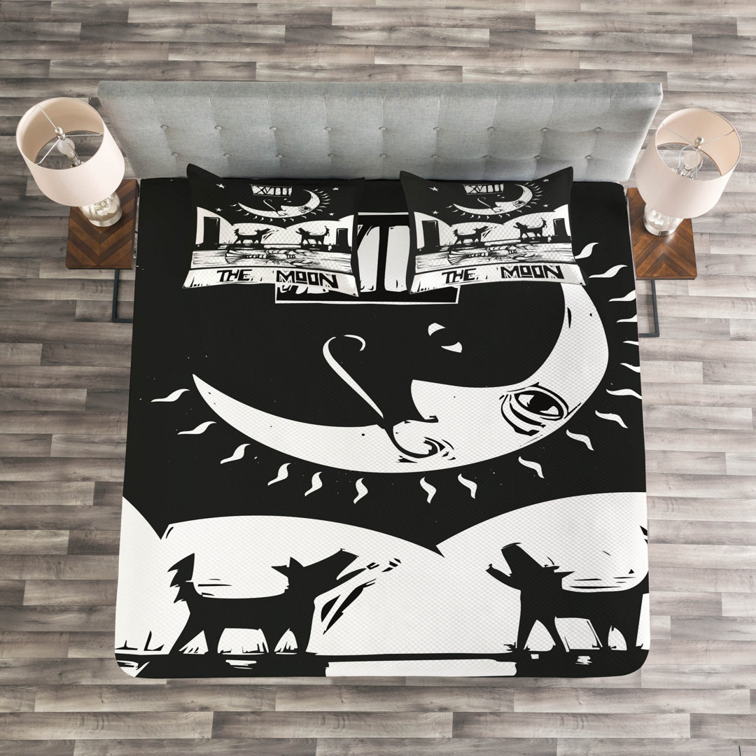 Gestepptes Bettdecken-Set, Hummer-Wolf-Mond Tarot, Mond, Charcoal Grau Weiß