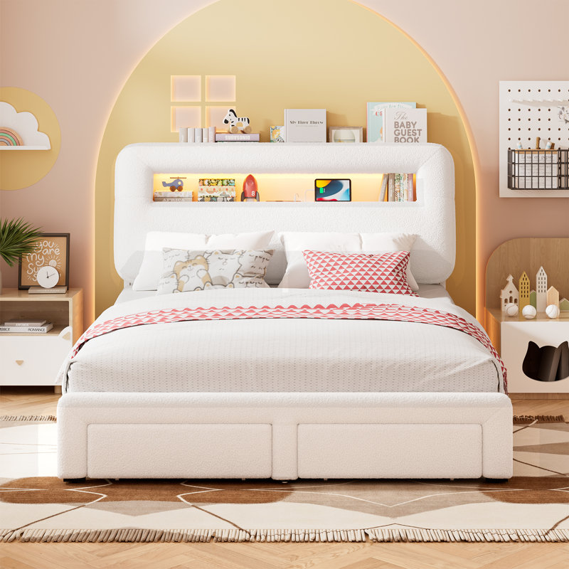 Upholstered Bed Frame, Storage Bed With Led And Charging Station, Queen