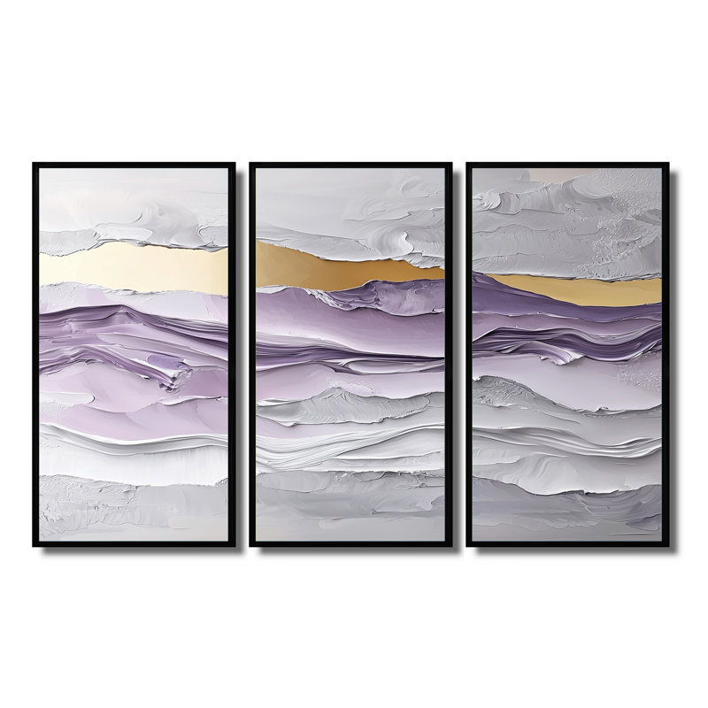 Lavande et pierres Transitionnel Horizon I - art mural transitionnel - ensemble de 3, H 28 po x l 36 po, Noir