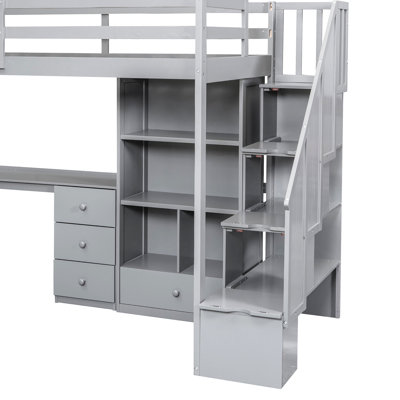 Gray Twin Size Loft Bed With L-shaped Desk, Drawers, And Staircase Cabinet, Useful -