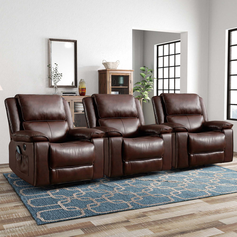 Fauteuil de massage inclinable et chauffant en cuir véritable de 38,2 po avec porte-gobelets et port USB (ensemble de 3)