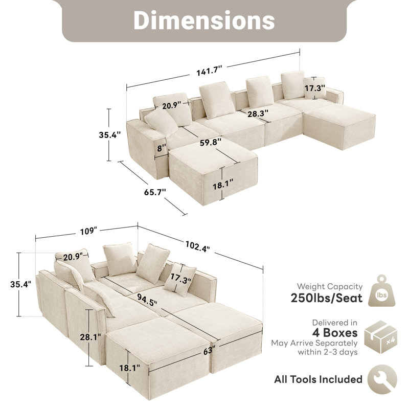 6-Piece Upholstered Boneless Modular Sectional Couch U-Shaped Sofa With Ottoman, Beige Polyester Blend