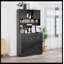 Armoire de cuisine 73 po en bois cannelée noire avec support à micro-ondes, rangement, station de charge et panneau perforé pour le salon