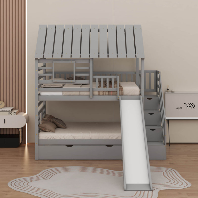 Twin Over Twin Bunk Bed With Trundle, Gray