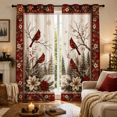 2Pcs Cardinal Bird Winter Forest Print Curtains, Festive Christmas Scene Art Drapes, Elegant Poinsettia and Snowflakes Pattern, Ring Top Thermal Insulated for Living Room Home Decor for Home Dector