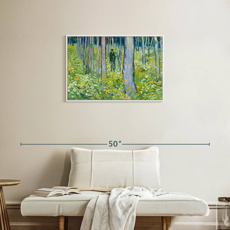 Sous-bois avec deux personnages, Cadre flottant blanc, 31 po x 21 po