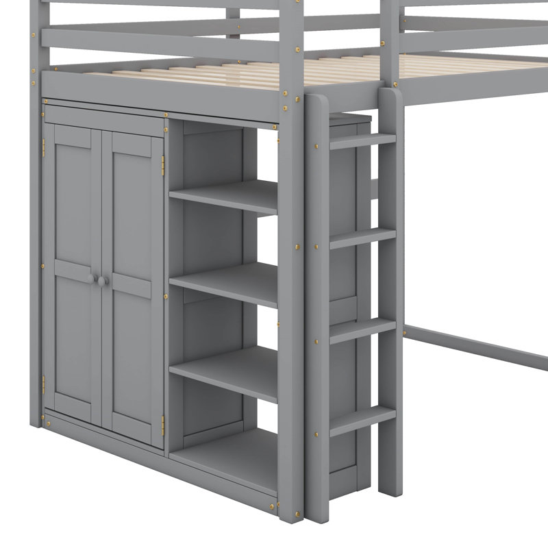 Lit mezzanine double avec tablettes et DEL, Gris
