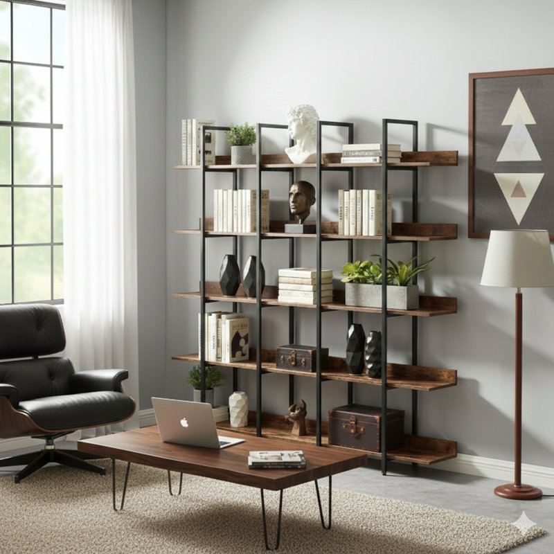 Bibliothèque à cinq niveaux pour tablettes ouvertes pour la maison ou le bureau, tablette de style industriel rétro avec structure en métal et panneau de fibres à densité moyenne