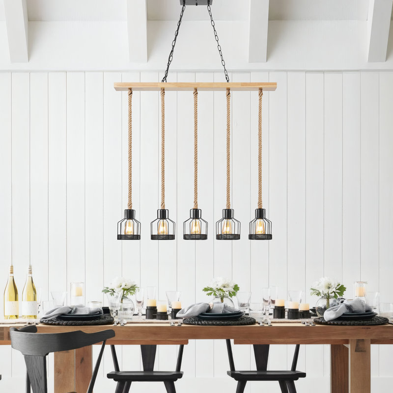 Lustre noir en bois et cordes 3 lumières, 5 lumières, H 144 po x l 38,97 po x P 3,85 po