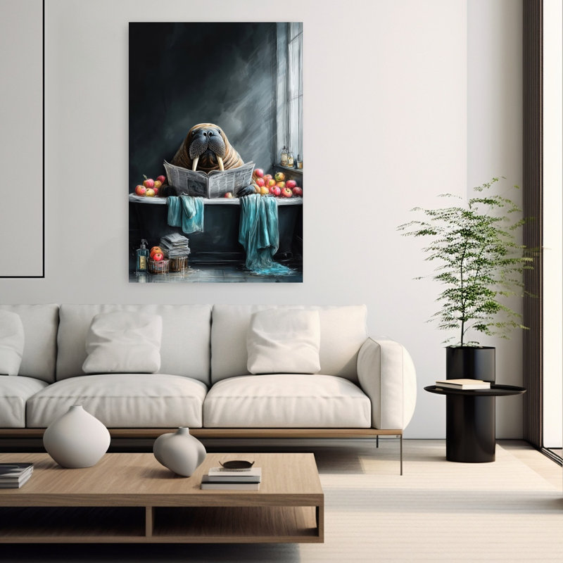 Morse dans une baignoire, art mural contemporain 2 animaux, H 60 po x l 40 po