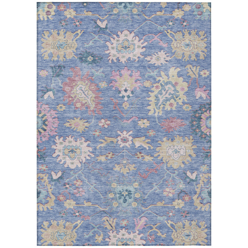 3' X 5' Blue Pink And Ivory Floral Washable Indoor Outdoor Area Rug
