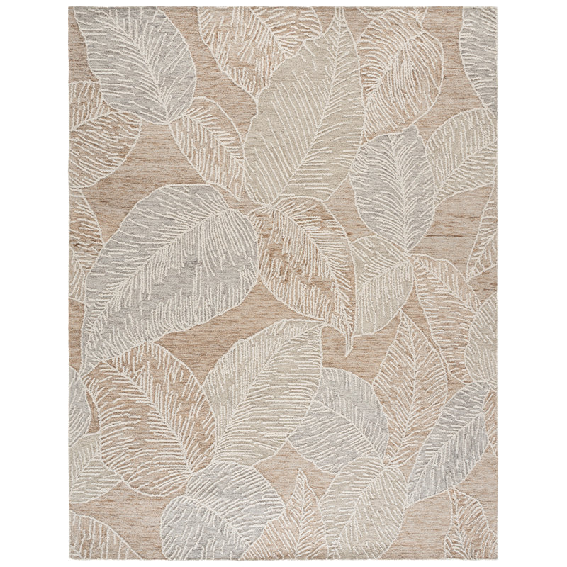 Tapis floral en laine / coton touffeté à la main Jardin 375 en taupe / ivoire, Rectangle 8 pi x 10 pi