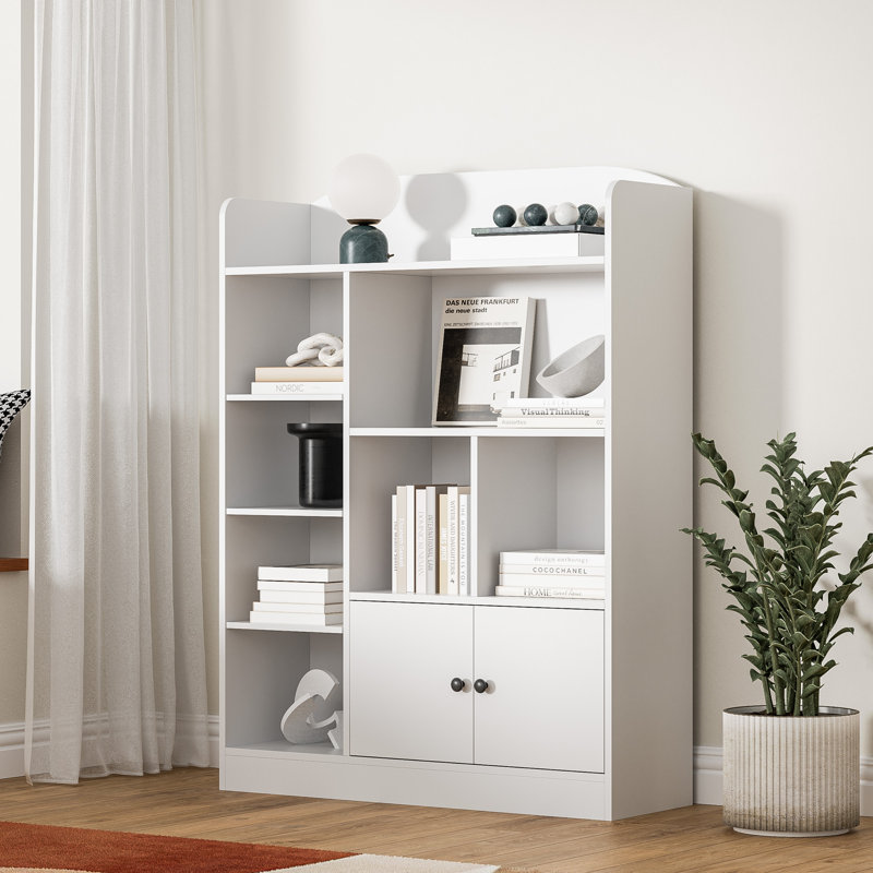 Cube Bookshelf, Modern Bookcase With 7 Cubbies And 2 Cabinets, Freestanding Book Storage Shelves For Bedroom, Playroom, Hallway