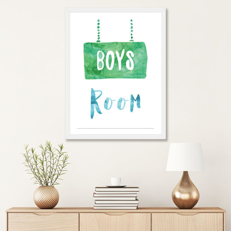 " Boys Room Green & Blue ", 32" H x 24" W x 1" D, White Framed Paper, White