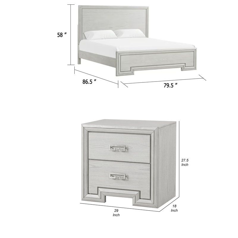 Ensemble de chambre à coucher pour très grand lit 2 pièces, blanc rustique, blanc, bois de nickel, table de chevet