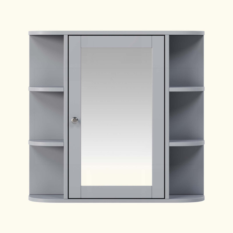 Armoire de rangement murale de salle de bain avec miroir, armoire à pharmacie avec tablette en bois réglable et portes, armoires de rangement montées avec 6 tablettes ouvertes