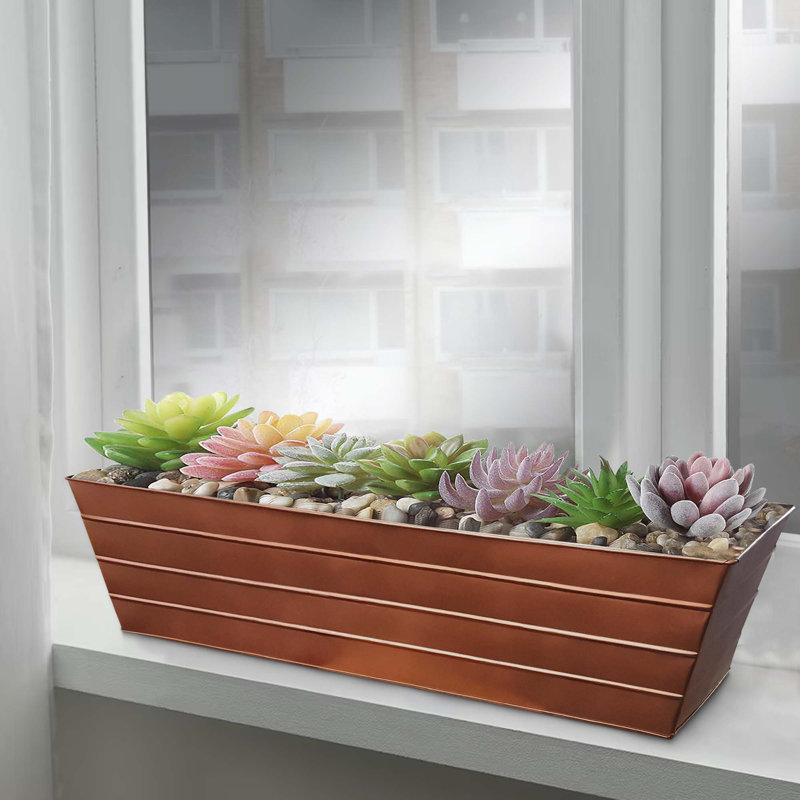 35.5" Copper Plated Galvanized Steel Rectangular Window Box Planter with Embossed Design and Drainage Holes