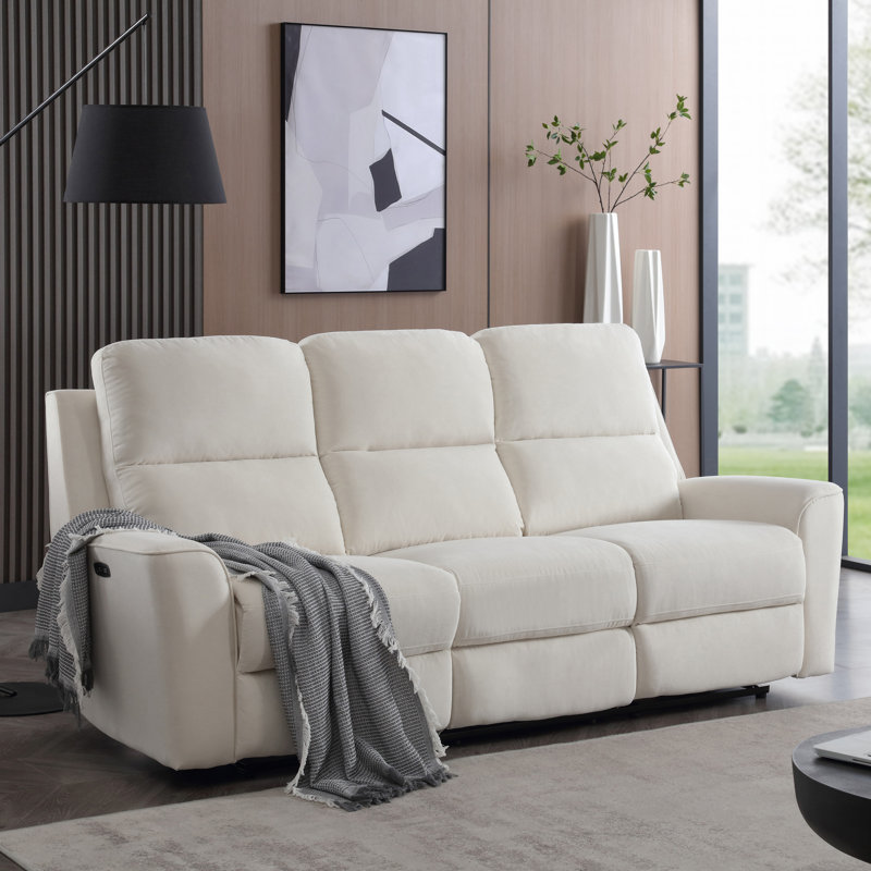Modern Microfiber Upholstered Zero Clearance Power Reclining Sofa, Couch with USB Port, Ivory, 40.9" H x 86.2" W x 37.8" D