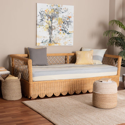Bali & Pari Teresa Natural Rattan Daybed - Handwoven Sofa Bed Frame With Scalloped Edge And Open Lattice Back And Side, Coastal Boho Style Lounge Seat