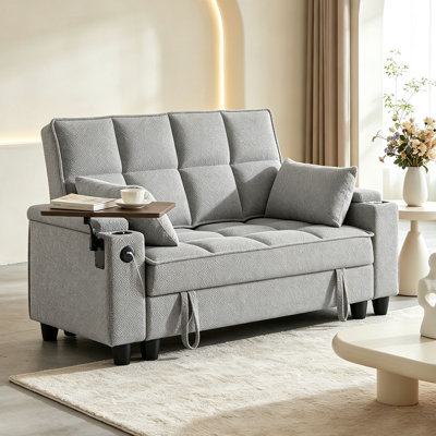 Canapé deux places en tissu tissé avec rangement dissimulé, ports de chargement USB, porte-gobelets et table d'appoint pivotante pour salon