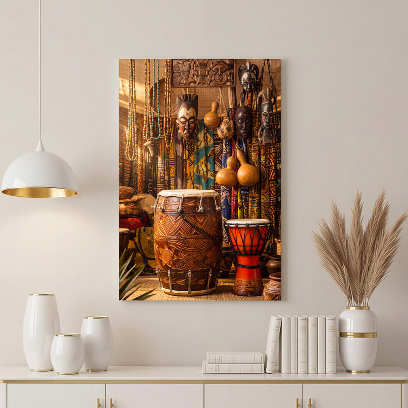 Tambour en bois sculpté et djembé avec masques et perles suspendus, art mural, 18"H x 12"W