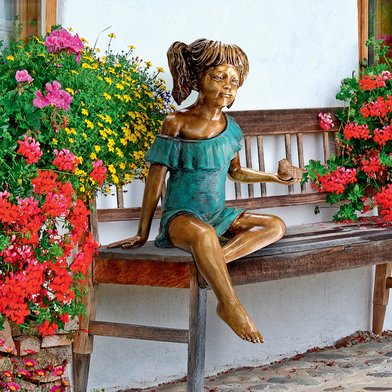 Bridgette with Bird Little Girl Garden Statue
