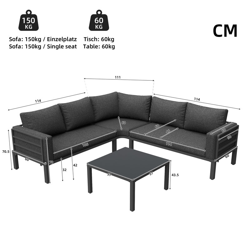4-5 Person Garden Lounge Set With Cushions And Coffee Table, Grey, Black