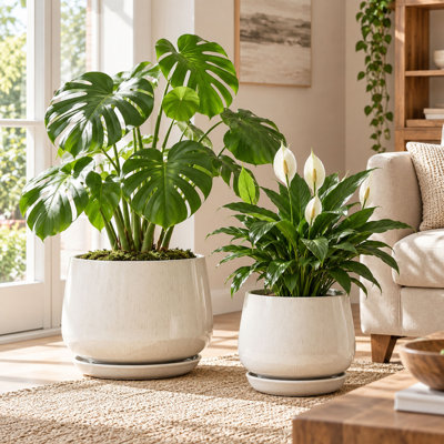 Ensemble de 2 pots de fleurs en céramique beige à glaçure réactive, 10 et 12 pouces