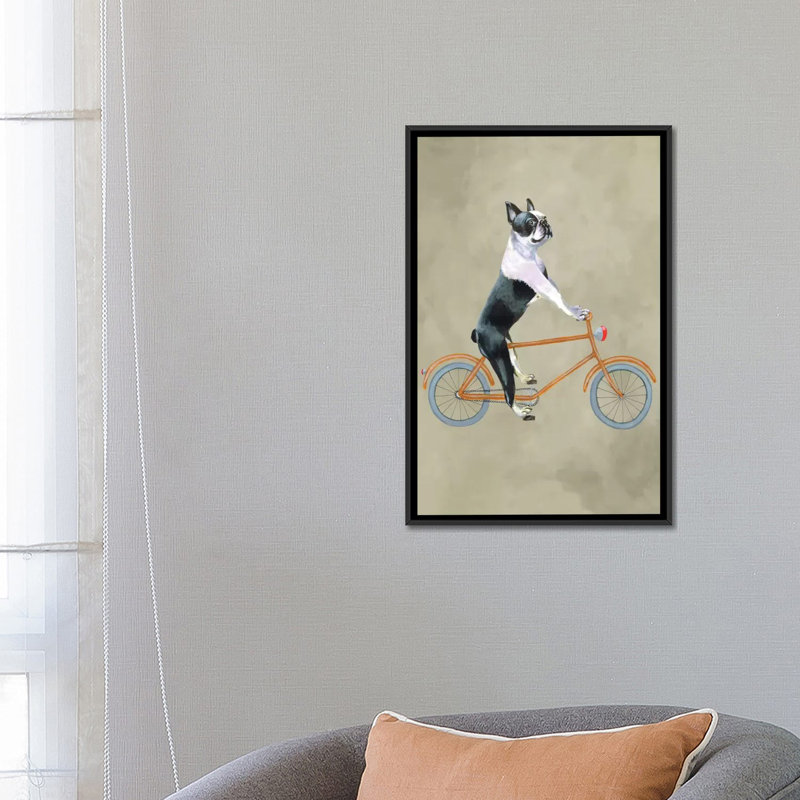 « boston terrier on bicycle », reproduction d’art sur toile, H 26 po x l 18 po x P 1,5 po, Toile avec cadre noir