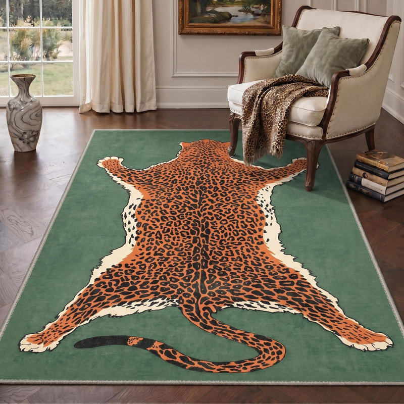 Tapis vert / orange / noir à motif animalier Alinda Talon, Green / Orange / Black, Rectangle 6' x 9'