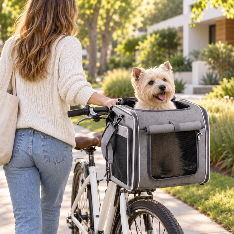 Expandable Dog Bike Basket with 4 Mesh Windows – 14.6" x 10.3" Soft-Sided Pet Carrier Backpack for Small Dogs & Cats, Quick-Release Handlebar Mount, Safety Tether & Washable Pad (Grey)
