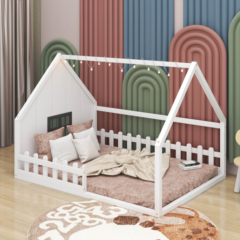 Lit double en bois avec clôture, Blanc