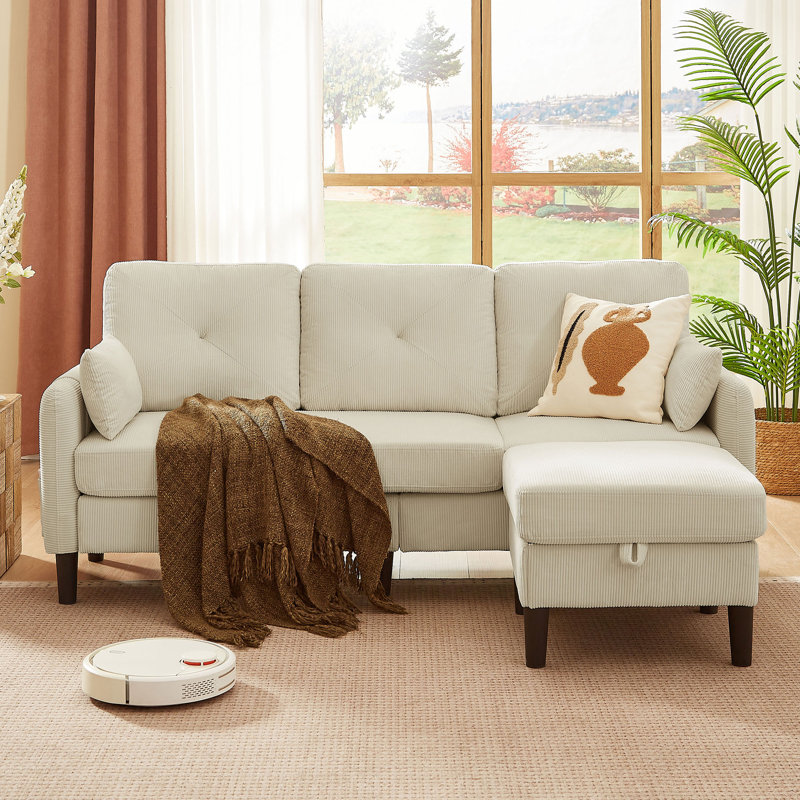 Corduroy Sectional Sofa with Storage Ottoman and Side Storage Pockets, 35.83" H x 77.17" W x 26.57" D, Beige Corduroy
