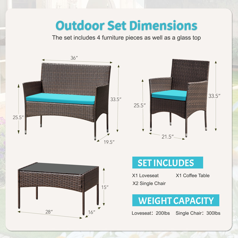Rifiki 4 - Person Patio Conversation Set with Cushions, Brown, Blue