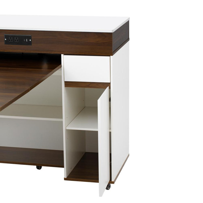 Kitchen Island with Extendable Dining Table Drawers and Cabinet For Kitchen, Walnut Creamy White