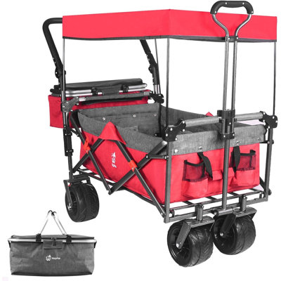 Collapsible Wagon 140L Wagons Carts Foldable with Removable Canopy, Folding Wagon Cart with Wheels for All-Terrain with Brake, Foldable Wagon with Cooler Bag, for Camping Beach Shopping