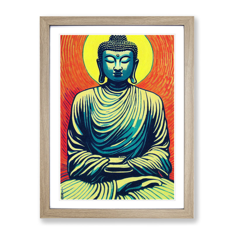 Buddha and the Sun - Wall Art, 48cm H x 36cm W, Oak Framed, White