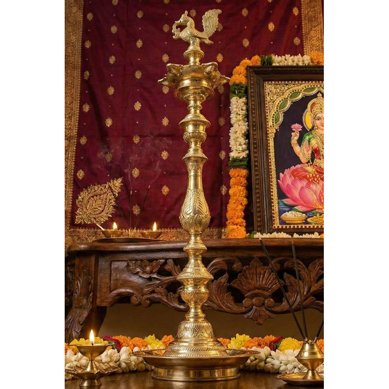 33" Dazzling Brass Peacock Lamp (Annam Lamp) – Handmade Multi-Tier Indian Oil Diya for Temple, Entryway & Artistic Luxury Décor