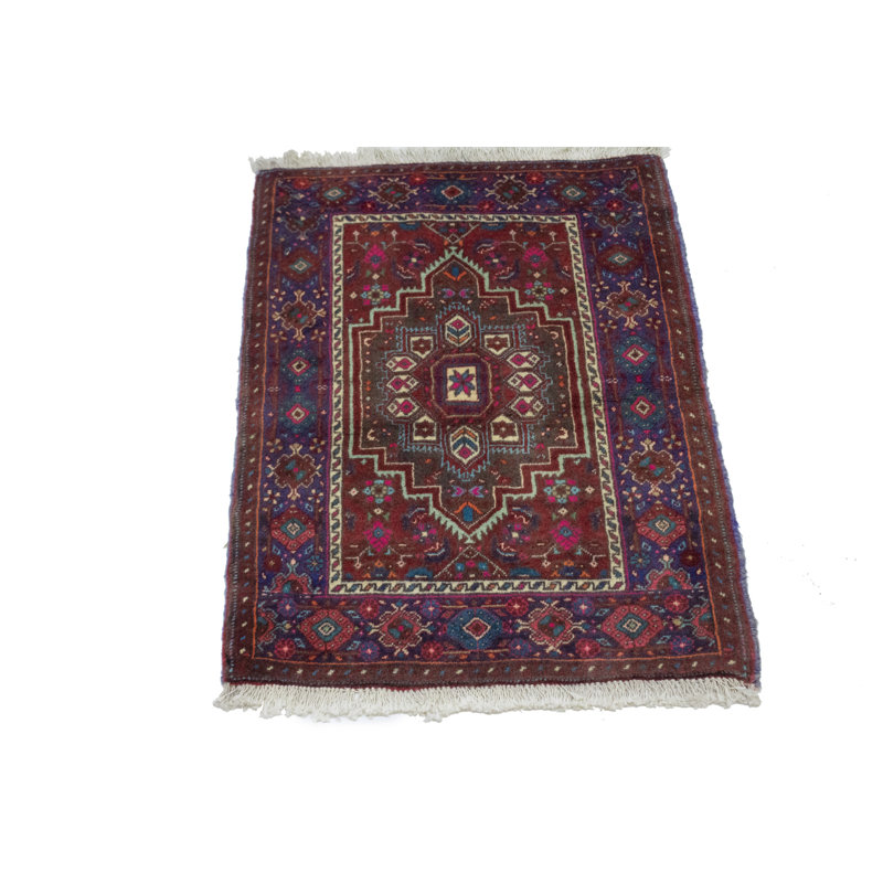 Tapis rouge en laine noué à la main de conception unique 1 pi 10 po x 2 pi 7 po années 1980 Fernandeo