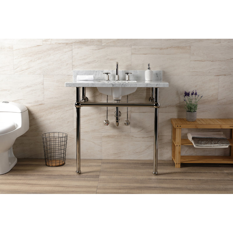Kingston Brass Templeton 36-Inch Carrara Marble Console Sink with Brass Legs (8-Inch, 3-Hole), Marble White/Polished Nickel